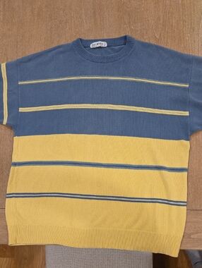 Ted Lapidus Boutique Vintage Men's Striped Crewneck Sweater in Blue/Yellow (XL)